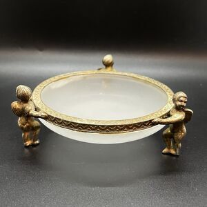 Vintage Ormolu Style Brass Ornate Trinket Dish Frosted Glass With Cherubs 4.5”